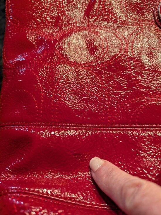 Imperfect - Coach Signature Striped Stitch Red Patent  Coach Signature Striped Stitch Red Patent Leather Tote F19198